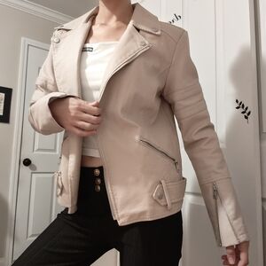Baccini Light Beige Moto Leather Jacket with Silver Hardware